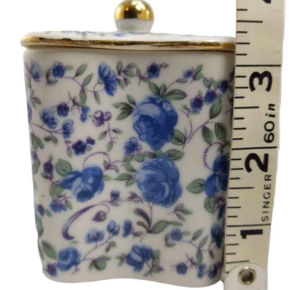 Blue Roses Porcelain Tea Box, Vintage Keepsake, Gold Trim Top Lid Trinket Jar - Picture 8 of 8
